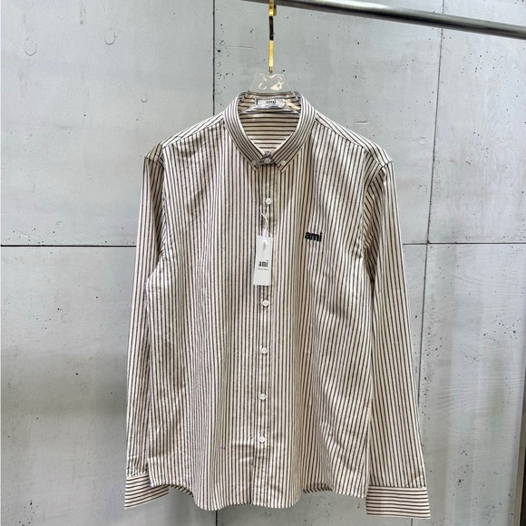 Tops - NWT AMI Paris Brown & White Striped Cotton Button-Down Shirt with Logo